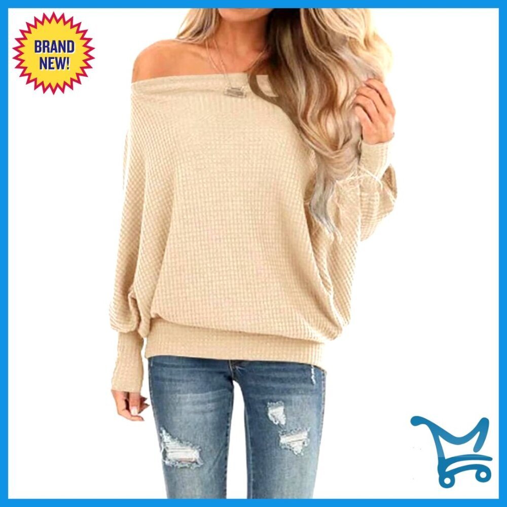 Oversized Waffle Knit Off Shoulder Sweatshirt Batwing Sleeves Chic Tunic